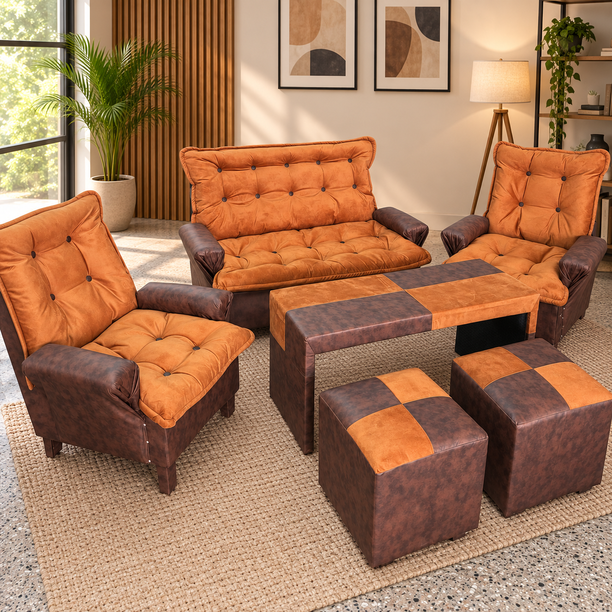 Juego de Living Quebracho 2 Cuerpos + 2 Sillones Individuales + Mesa + 2 Puff