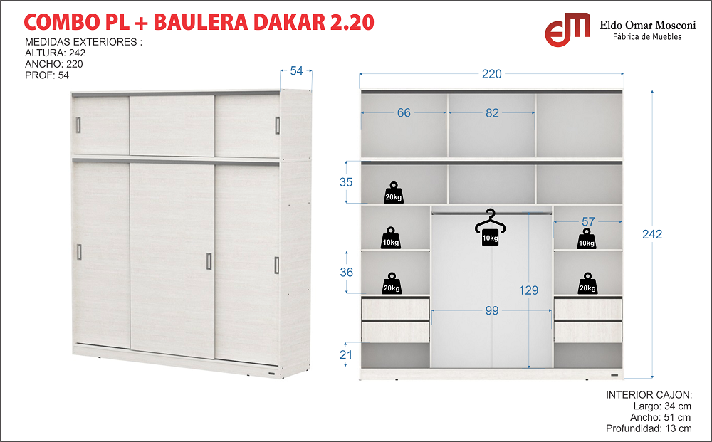 Placard NEXO con Baulera 3 Puertas Corredizas 4 Cajones 220 cm Venezia - Imagen 4