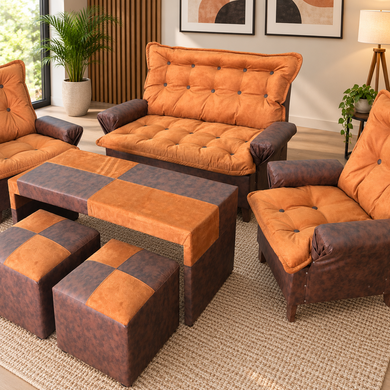 Juego de Living Quebracho 2 Cuerpos + 2 Sillones Individuales + Mesa + 2 Puff - Imagen 2