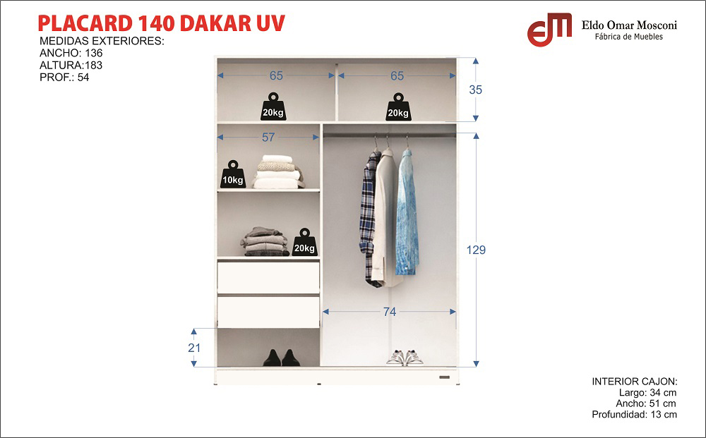 Placard NEXO 2 Puertas Corredizas 2 Cajones 140 cm Tissa - Imagen 4