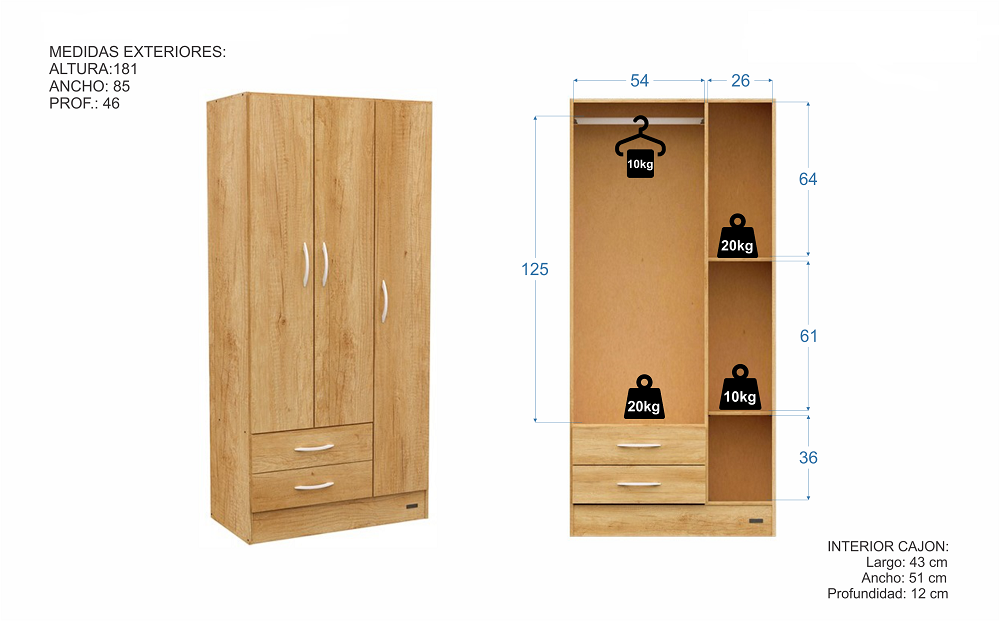 Placard ECO 3 Puertas 2 Cajones Chocolate - Imagen 4
